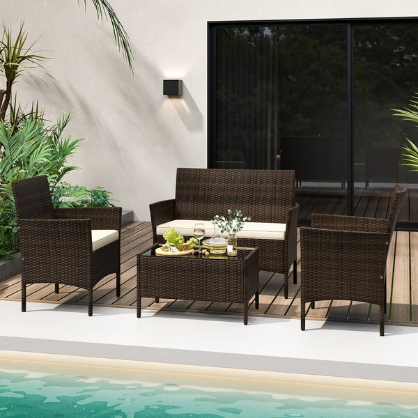 Costway Set da conversazione in rattan per patio 4 pezzi con cuscini morbidi, Mobili da esterno modulari per giardino e veranda Marrone
