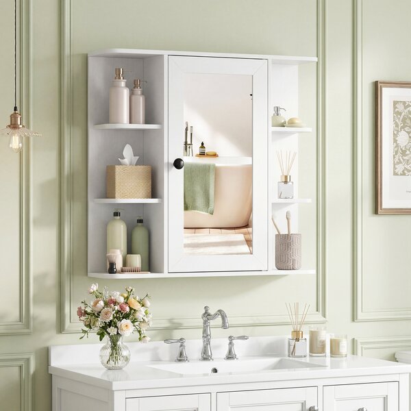 Costway Mobiletto a specchio in legno con anta e 6 scomparti aperti, Armadietto salvaspazio da parete per bagno soggiorno camera 66x16,5x63 cm Bianco