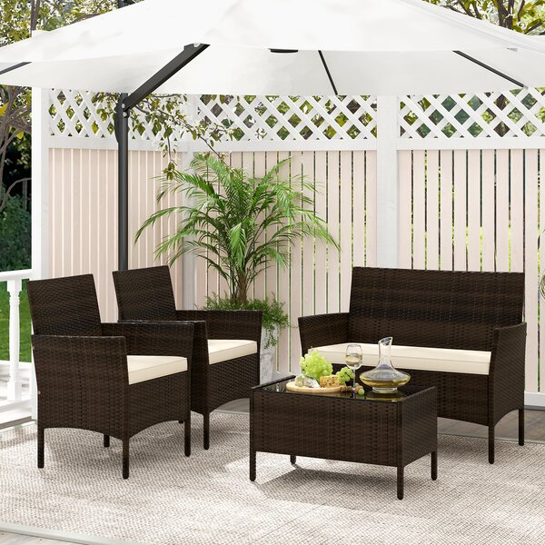 Costway Set da conversazione in rattan per patio 4 pezzi con cuscini morbidi, Mobili da esterno modulari per giardino e veranda Marrone