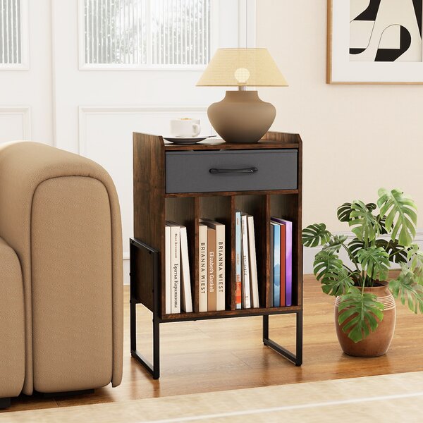 Costway Supporto per giradischi con cassetto in tessuto e 4 scomparti, Scaffale per dischi in stile retrò per soggiorno e camera da letto Marrone