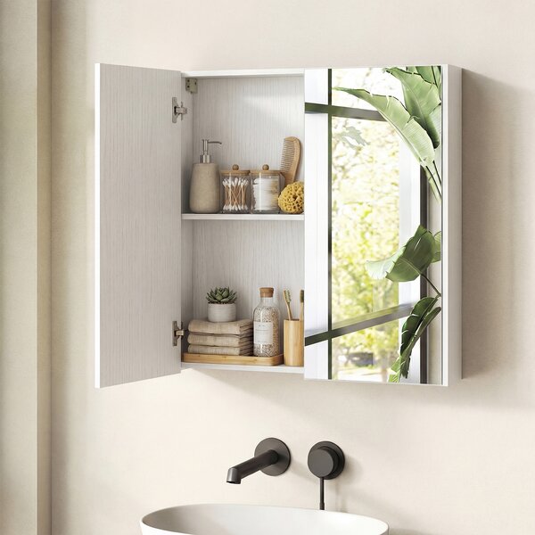 Costway Armadietto da bagno a 2 livelli con specchio salvaspazio in legno, Mobiletto da parete per camera da letto ingresso Bianco