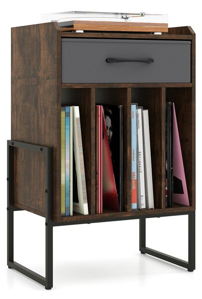 Costway Supporto per giradischi con cassetto in tessuto e 4 scomparti, Scaffale per dischi in stile retrò per soggiorno e camera da letto Marrone