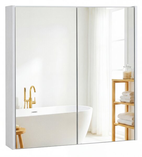 Costway Armadietto da bagno a 2 livelli con specchio salvaspazio in legno, Mobiletto da parete per camera da letto ingresso Bianco
