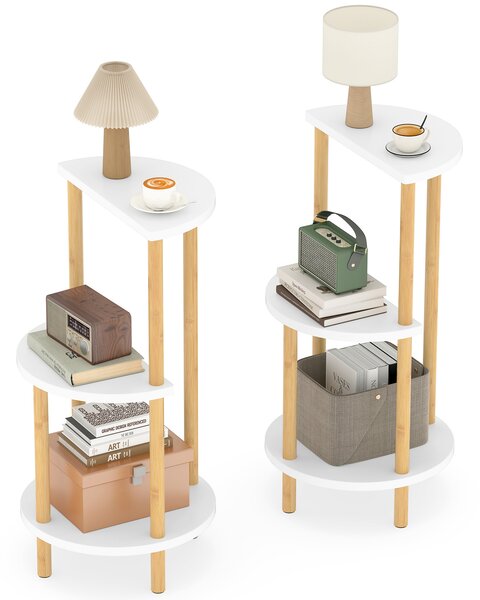 Costway Set da 2 tavolini laterali rotondi a 3 ripiani con mensole per stoccaggio, Tavolino angolare per soggiorno e camera da letto Bianco