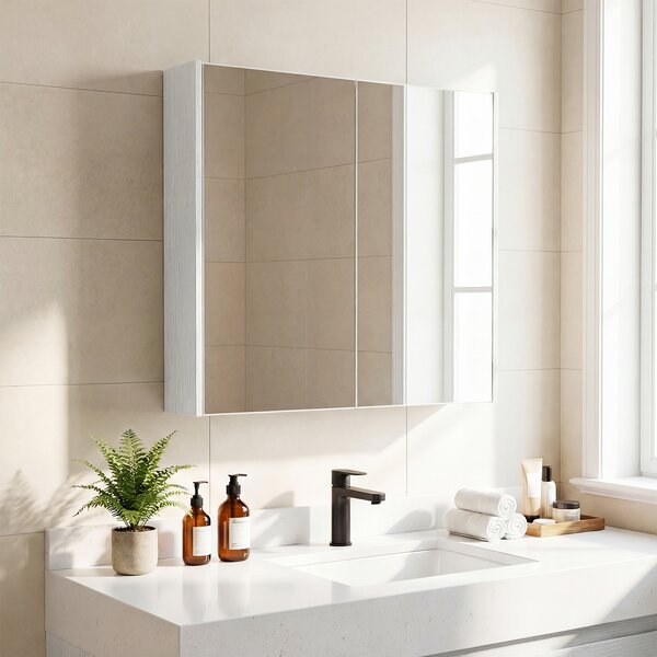 Costway Armadietto da bagno a 2 livelli con specchio salvaspazio in legno, Mobiletto da parete per camera da letto ingresso Bianco