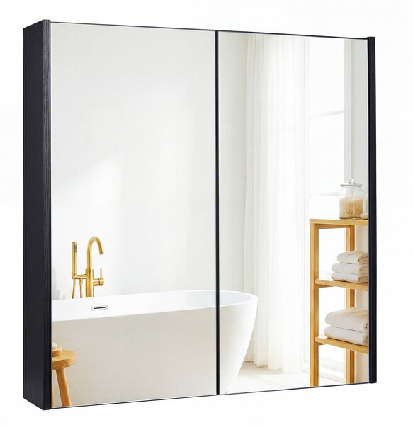 Costway Armadietto da bagno a 2 livelli con specchio salvaspazio in legno, Mobiletto da parete per camera da letto ingresso Nero
