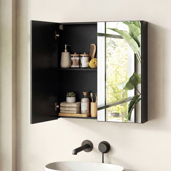 Costway Armadietto da bagno a 2 livelli con specchio salvaspazio in legno, Mobiletto da parete per camera da letto ingresso Nero