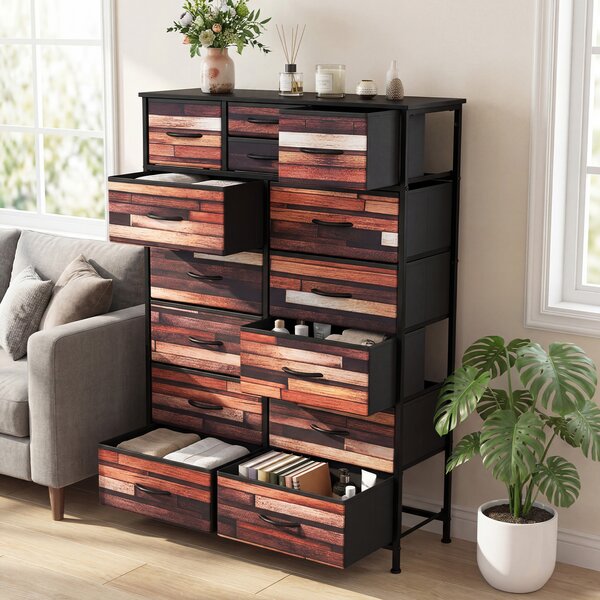 Costway Cassettiera camera da letto con 14 cassetti pieghevoli 85 x 30 x 120 cm, Mobiletto contenitore per salotto ingresso in legno Nero