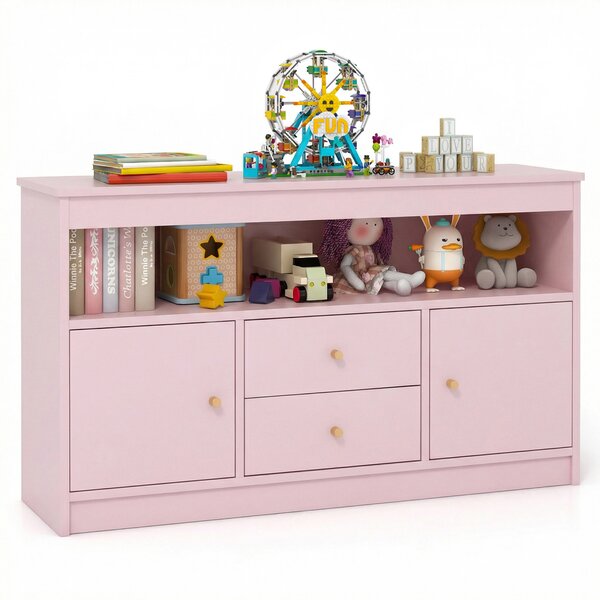 Costway Organizzatore per giocattoli per bambini con scomparto aperto 2 cassetti e 2 ante, Scaffale per libri in legno Rosa