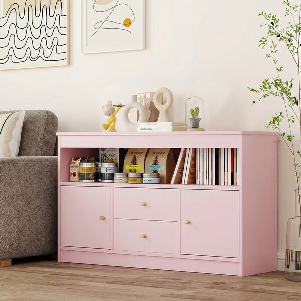 Costway Organizzatore per giocattoli per bambini con scomparto aperto 2 cassetti e 2 ante, Scaffale per libri in legno Rosa