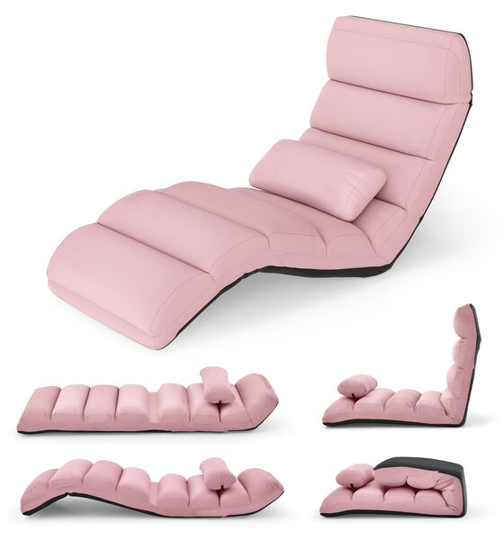 Costway Poltrona pieghevole da terra rivestito in finto camoscio, Divano imbottito regolabile in 5 posizioni Rosa