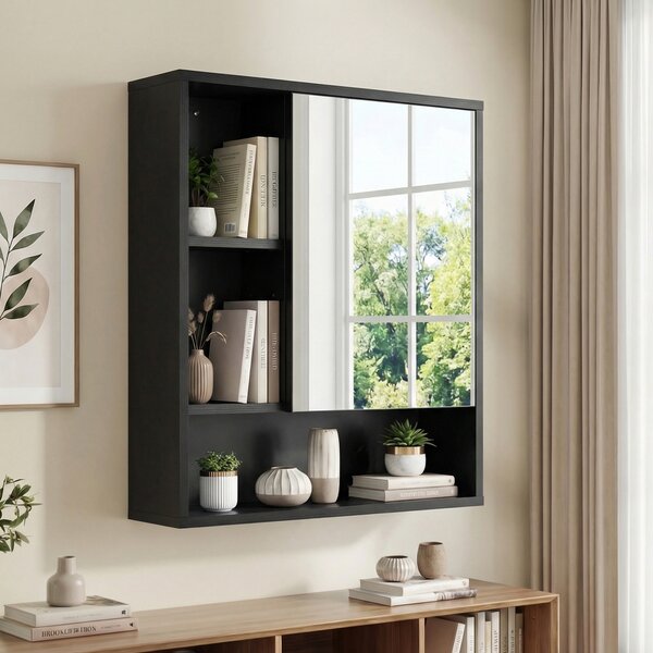 Costway Mobiletto bagno con specchio da parete specchiera con ripiano regolabile, Pensile sospeso in legno 55 x 16,5 x 61 cm Nero