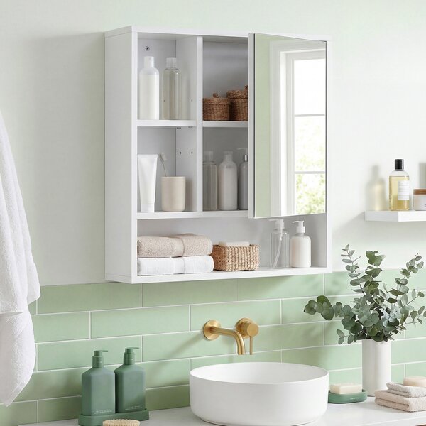 Costway Mobiletto bagno con specchio da parete specchiera con ripiano regolabile, Pensile sospeso in legno 55 x 16,5 x 61 cm Bianco