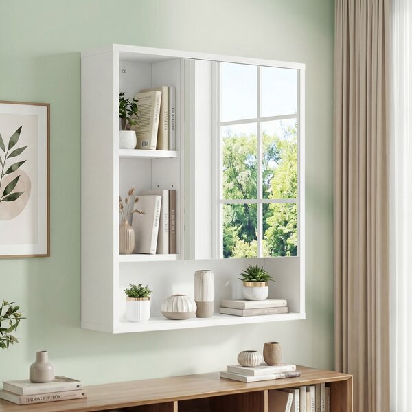 Costway Mobiletto bagno con specchio da parete specchiera con ripiano regolabile, Pensile sospeso in legno 55 x 16,5 x 61 cm Bianco