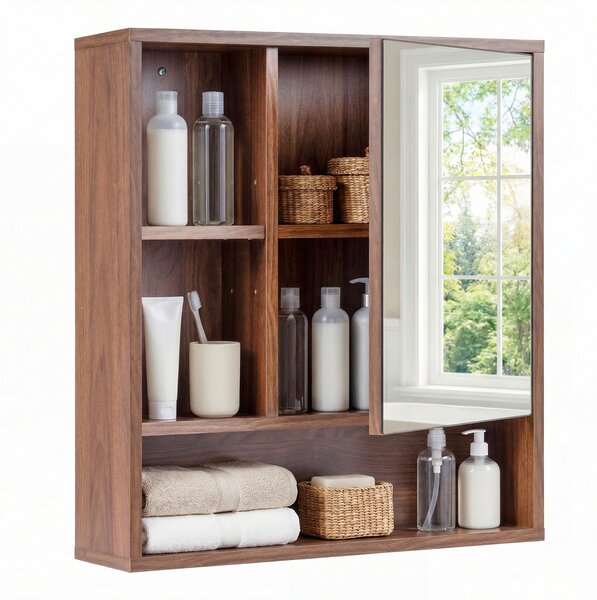 Costway Mobiletto bagno con specchio da parete specchiera con ripiano regolabile, Pensile sospeso in legno 55 x 16,5 x 61 cm Marrone 