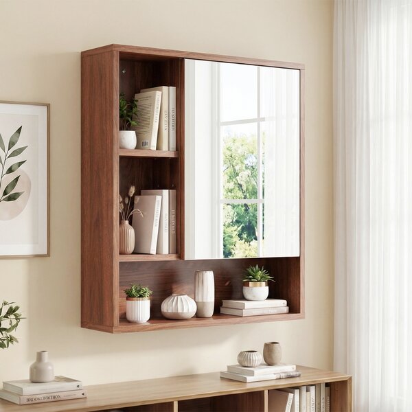 Costway Mobiletto bagno con specchio da parete specchiera con ripiano regolabile, Pensile sospeso in legno 55 x 16,5 x 61 cm Marrone 