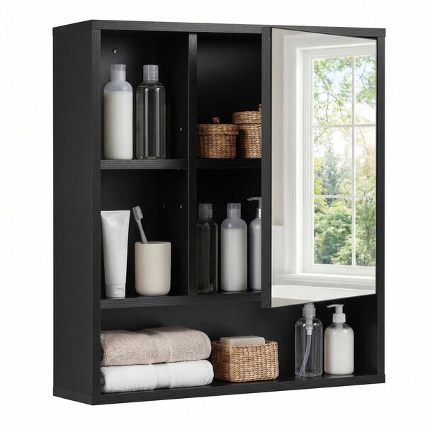 Costway Mobiletto bagno con specchio da parete specchiera con ripiano regolabile, Pensile sospeso in legno 55 x 16,5 x 61 cm Nero