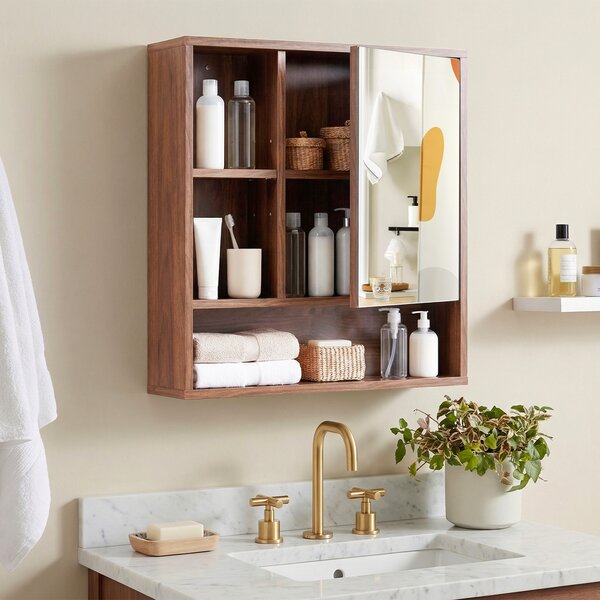 Costway Mobiletto bagno con specchio da parete specchiera con ripiano regolabile, Pensile sospeso in legno 55 x 16,5 x 61 cm Marrone 