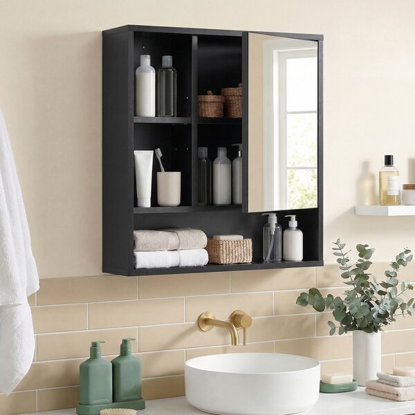 Costway Mobiletto bagno con specchio da parete specchiera con ripiano regolabile, Pensile sospeso in legno 55 x 16,5 x 61 cm Nero