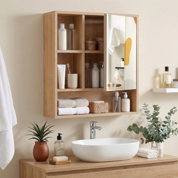 Costway Mobiletto bagno con specchio da parete specchiera con ripiano regolabile, Pensile sospeso in legno 55 x 16,5 x 61 cm Naturale 