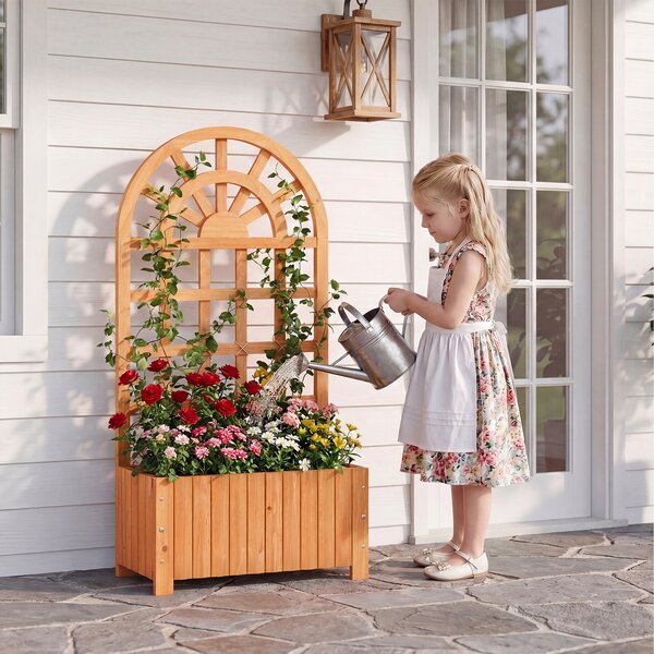 Costway Letto da giardino rialzato in legno con traliccio per piante rampicanti, Vaso da esterno per fiori verdure ed erbe aromatiche Marrone
