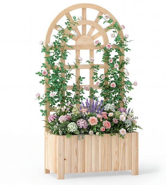 Costway Letto da giardino rialzato in legno con traliccio per piante rampicanti, Vaso da esterno per fiori verdure ed erbe aromatiche Naturale