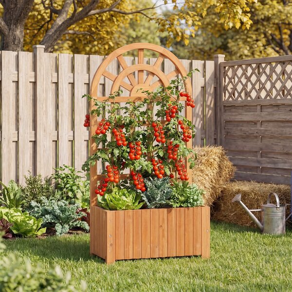 Costway Letto da giardino rialzato in legno con traliccio per piante rampicanti, Vaso da esterno per fiori verdure ed erbe aromatiche Marrone