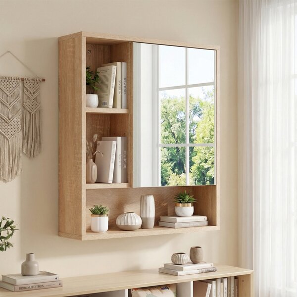Costway Mobiletto bagno con specchio da parete specchiera con ripiano regolabile, Pensile sospeso in legno 55 x 16,5 x 61 cm Naturale 