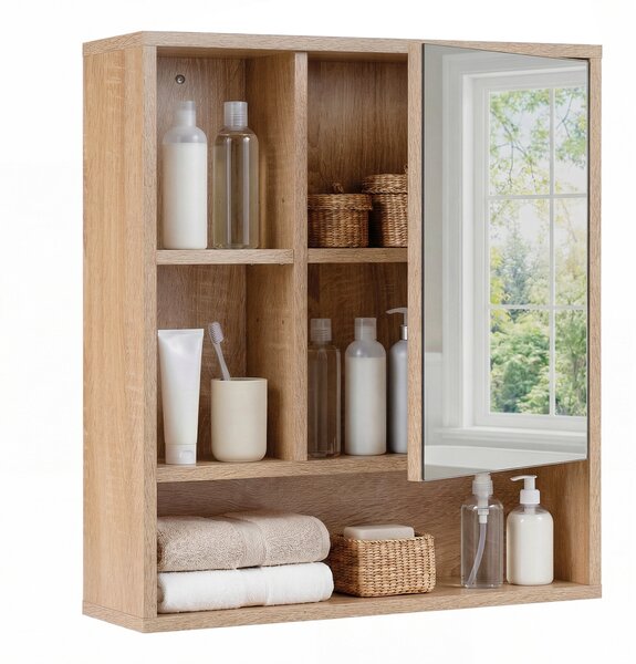 Costway Mobiletto bagno con specchio da parete specchiera con ripiano regolabile, Pensile sospeso in legno 55 x 16,5 x 61 cm Naturale 