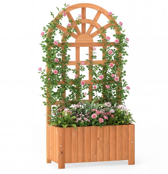 Costway Letto da giardino rialzato in legno con traliccio per piante rampicanti, Vaso da esterno per fiori verdure ed erbe aromatiche Marrone