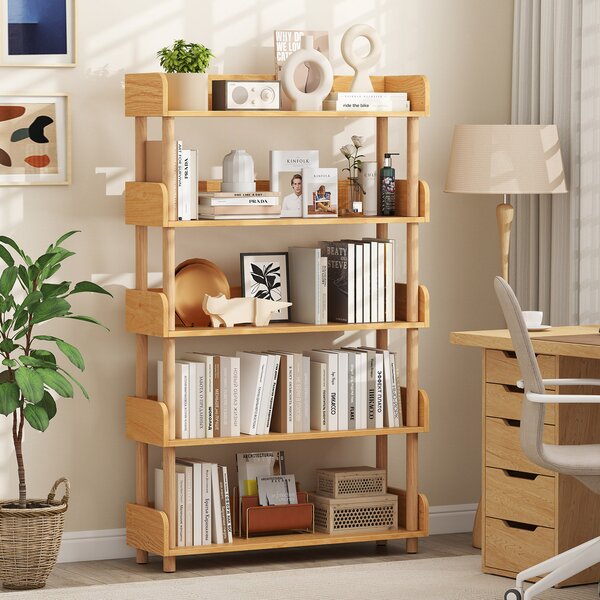 Costway Libreria verticale a 5 livelli protezione dei bordi e kit antiribaltamento, Libreria scaffale da terra per soggiorno e camera Naturale