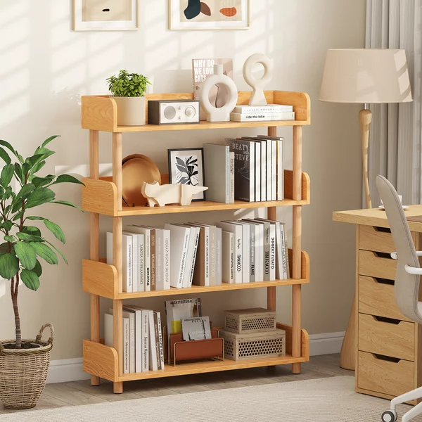 Costway Libreria verticale a 4 livelli protezione dei bordi e kit antiribaltamento, Libreria scaffale da terra per soggiorno e camera Naturale
