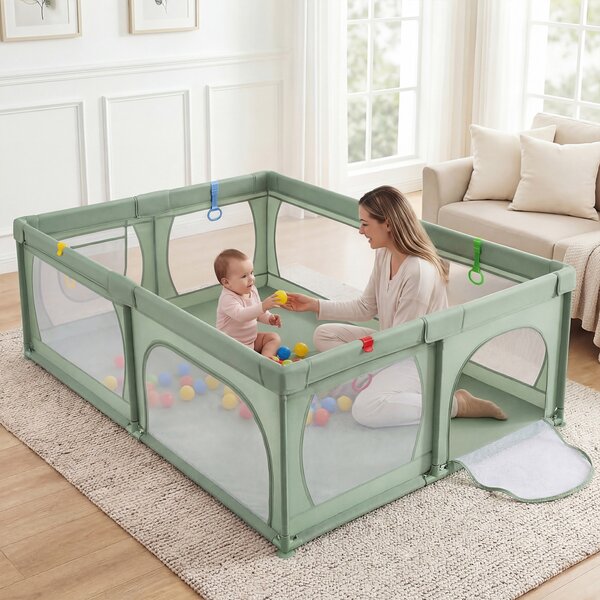 Costway Recinto extra large per neonati e bambini con rete traspirante, Box per bambini per interno ed esterno con palline Verde
