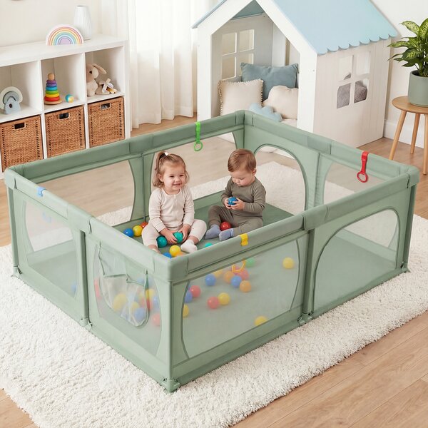 Costway Recinto extra large per neonati e bambini con rete traspirante, Box per bambini per interno ed esterno con palline Verde