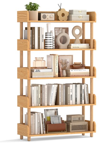 Costway Libreria verticale a 5 livelli protezione dei bordi e kit antiribaltamento, Libreria scaffale da terra per soggiorno e camera Naturale