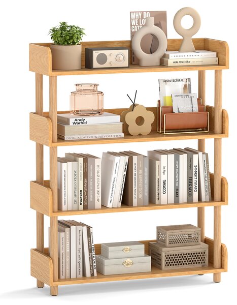 Costway Libreria verticale a 4 livelli protezione dei bordi e kit antiribaltamento, Libreria scaffale da terra per soggiorno e camera Naturale