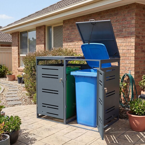 Costway Capanno esterno per bidoni della spazzatura con porte blocchettabili con chiavi, Rifugio per bidoni per patio cortile e giardino Grigio