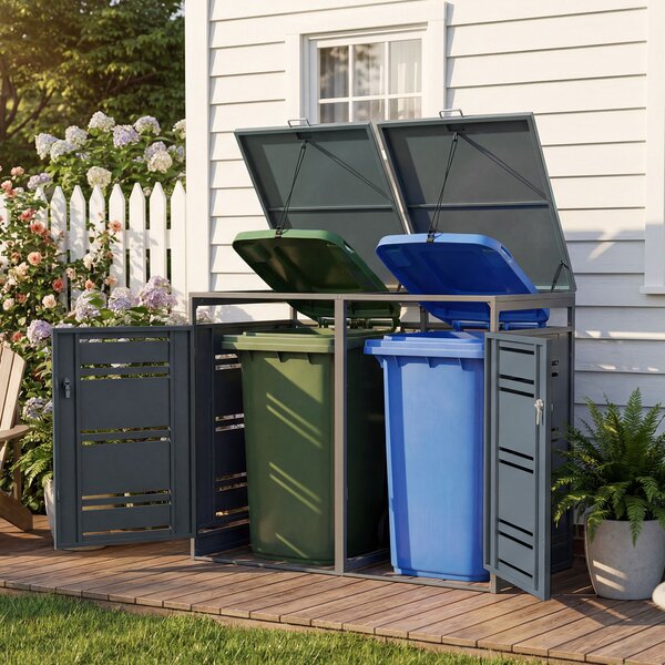 Costway Capanno esterno per bidoni della spazzatura con porte blocchettabili con chiavi, Rifugio per bidoni per patio cortile e giardino Grigio