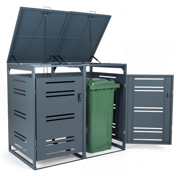 Costway Capanno esterno per bidoni della spazzatura con porte blocchettabili con chiavi, Rifugio per bidoni per patio cortile e giardino Grigio