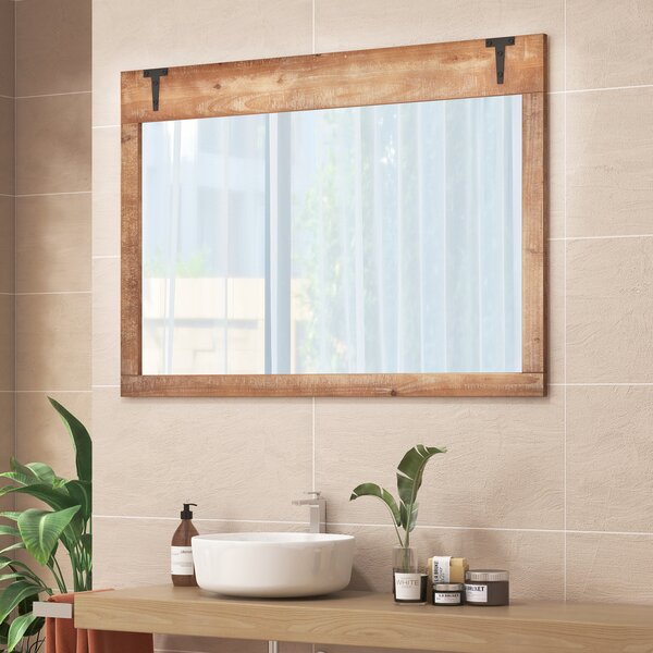 Costway Specchio da parete stile fattoria da parete con cornice in legno, Specchio decorativo rettangolare per bagno soggiorno Naturale