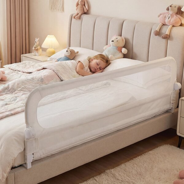 Costway Sbarra letto pieghevole per bambini con copertura in tessuto oxford, Sbarra protettiva rimovibile e base robusta a u 198 cm Bianco