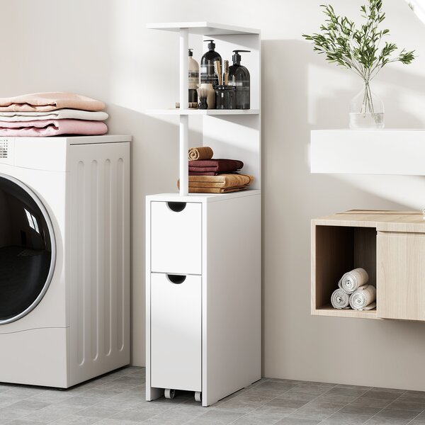 Costway Mobiletto per conservazione con ripiani aperti cassetto scorrevole, Organizzatore da bagno in legno salvaspazio Bianco
