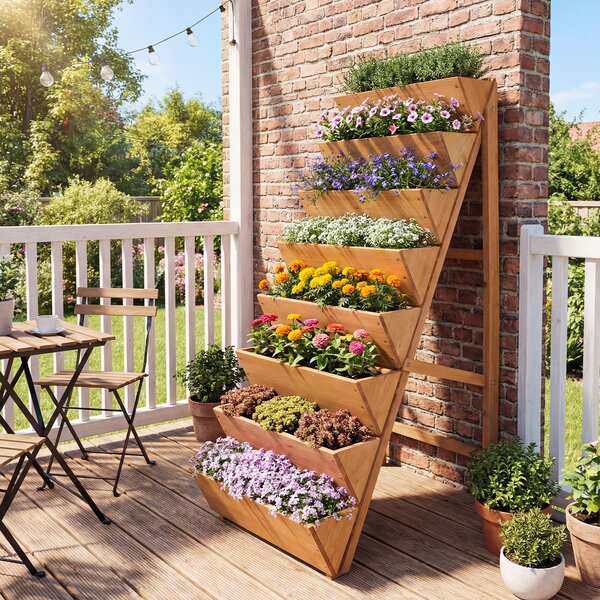 Costway Fioriera rialzata a 8 livelli aiuola verticale a forma di v in legno di abete, Orto rialzato da esterno o interno per piante fiori Marrone