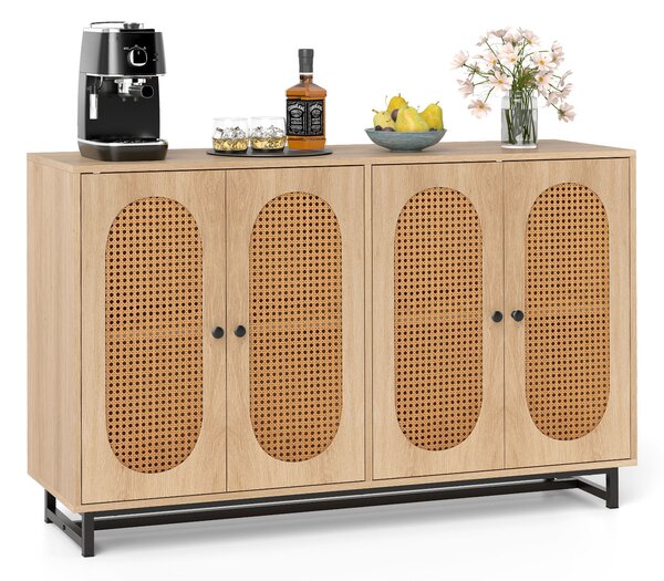 Costway Credenza in rattan ripiani e gambe in metallo 126 x 40 x 81 cm, Armadio a buffet per cucina sala da pranzo e soggiorno Naturale