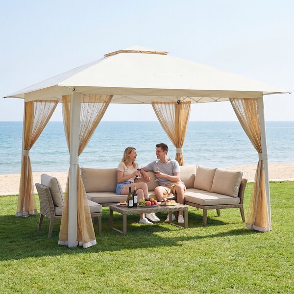 Costway Tenda da esterno pieghevole con zanzariera e tetto doppio, Riparo parasole per patio giardino 394 x 394 cm Beige
