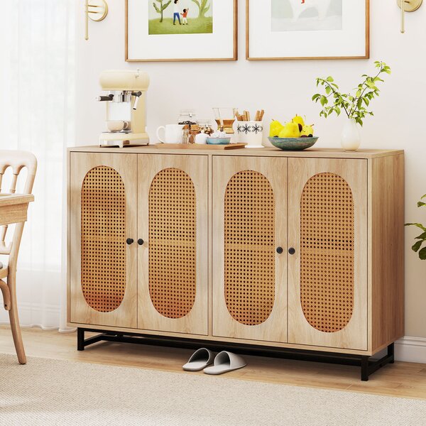 Costway Credenza in rattan ripiani e gambe in metallo 126 x 40 x 81 cm, Armadio a buffet per cucina sala da pranzo e soggiorno Naturale