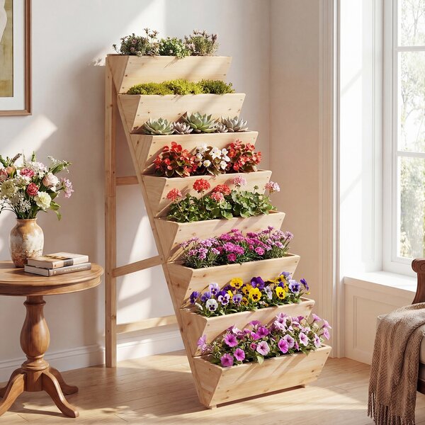 Costway Fioriera rialzata a 8 livelli aiuola verticale a forma di v in legno di abete, Orto rialzato da esterno o interno per piante fiori Naturale