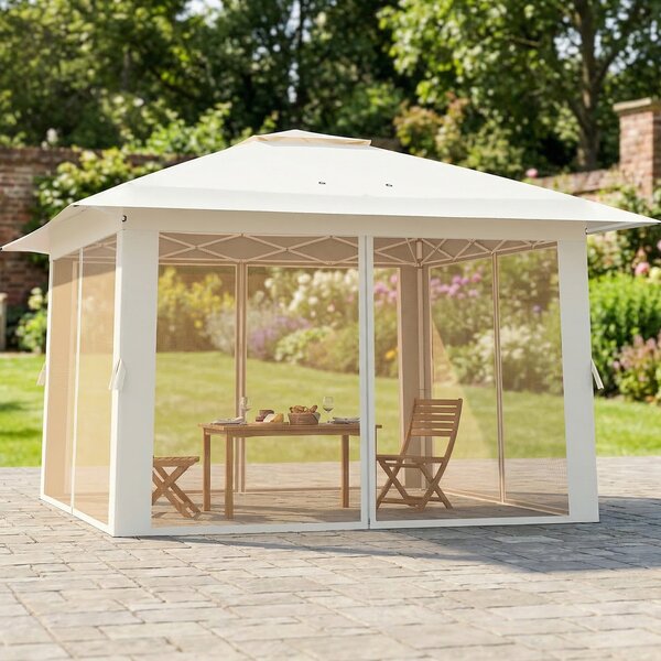 Costway Tenda da esterno pieghevole con zanzariera e tetto doppio, Riparo parasole per patio giardino 394 x 394 cm Beige