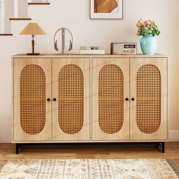 Costway Credenza in rattan ripiani e gambe in metallo 126 x 40 x 81 cm, Armadio a buffet per cucina sala da pranzo e soggiorno Naturale