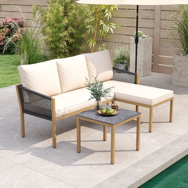 Costway Set di mobili da giardino 3 pezzi con 2 divani componibili a forma di l, Set da conversazione da esterno per patio e terrazzo Beige